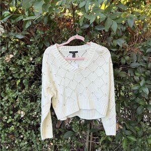 Forever 21 Sparkle V-Neck Cream Sweater with diamond studs